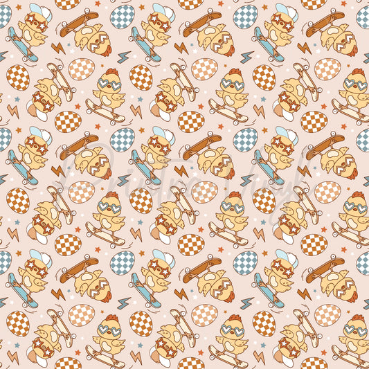 Chick Tricks patterned vinyl featuring playful baby chicks wearing oversized sunglasses while riding skateboards, surrounded by decorated Easter eggs, stars, lightning bolts, and retro-inspired accents on a soft beige background.
