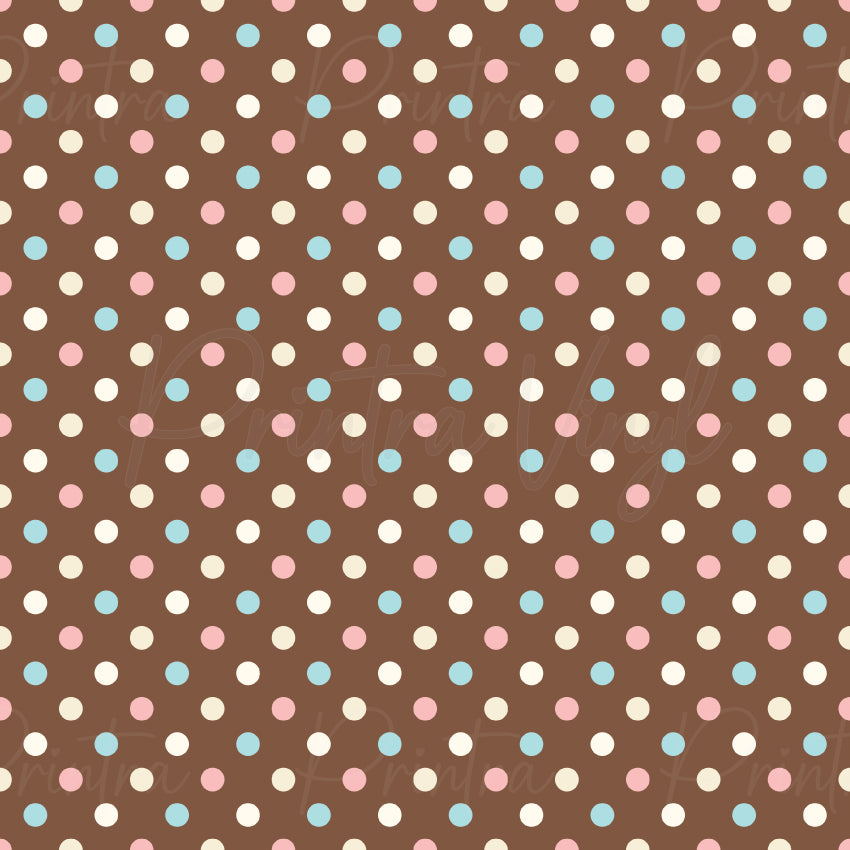 A repeating polka dot pattern on a medium brown background, with dots in light blue, pale pink, cream, and off-white.
