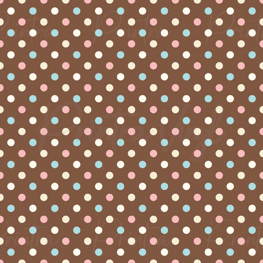 A repeating polka dot pattern on a medium brown background, with dots in light blue, pale pink, cream, and off-white.