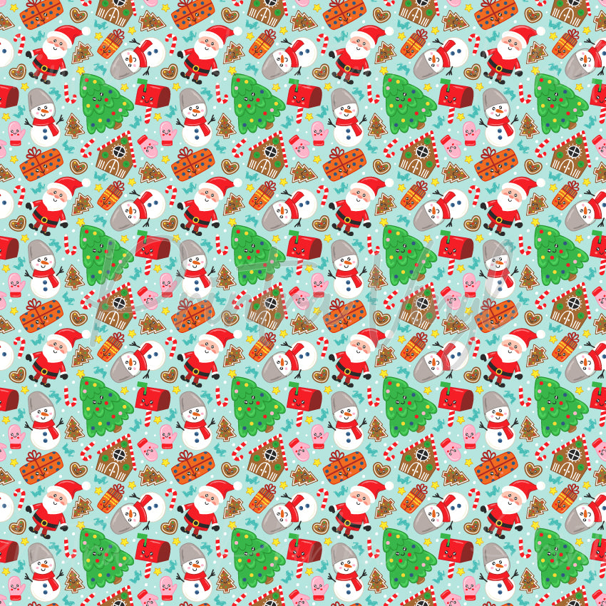 Christmas Cheer #02 patterned vinyl featuring cheerful Christmas icons including Santa Claus, snowmen, decorated Christmas trees, candy canes, gingerbread houses, wrapped gifts, festive mailboxes, and holiday treats scattered across a soft aqua background.