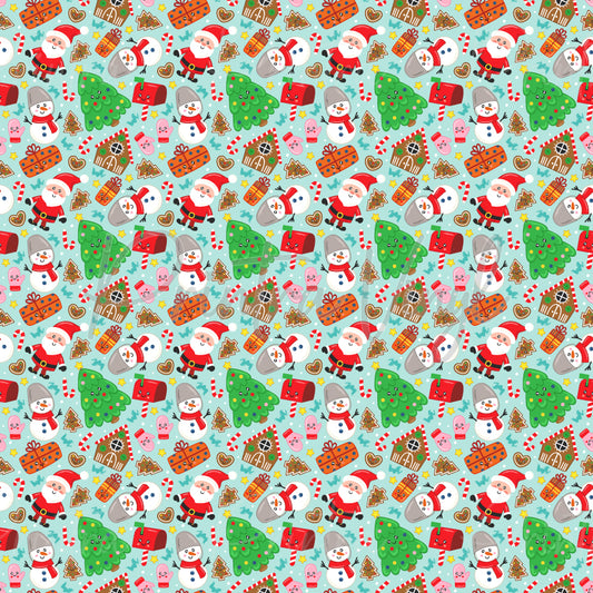 Christmas Cheer #02 patterned vinyl featuring cheerful Christmas icons including Santa Claus, snowmen, decorated Christmas trees, candy canes, gingerbread houses, wrapped gifts, festive mailboxes, and holiday treats scattered across a soft aqua background.