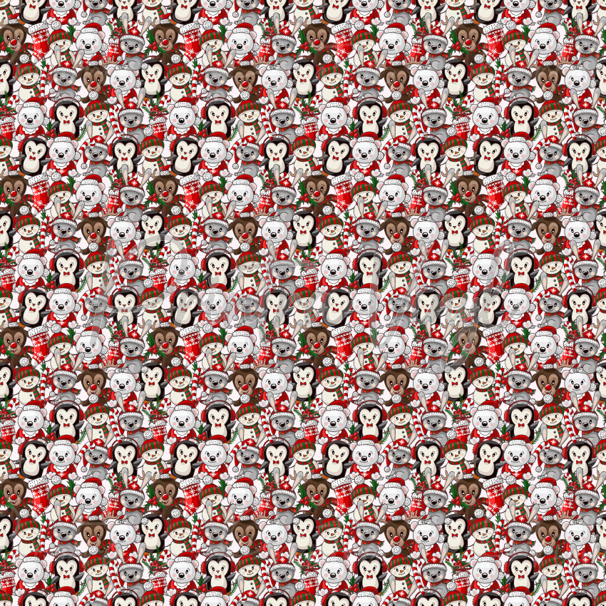 Christmas Cheer #03 patterned vinyl featuring adorable Christmas characters including koalas, reindeer, penguins, elves, and festive animals dressed in holiday outfits, surrounded by candy canes, holly, Christmas gifts, and seasonal decorations in classic red, white, green, and brown tones.