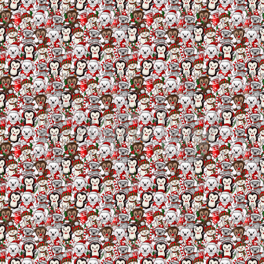Christmas Cheer #03 patterned vinyl featuring adorable Christmas characters including koalas, reindeer, penguins, elves, and festive animals dressed in holiday outfits, surrounded by candy canes, holly, Christmas gifts, and seasonal decorations in classic red, white, green, and brown tones.