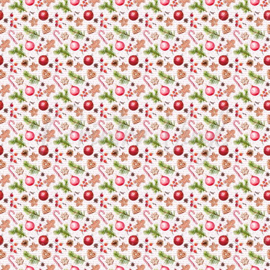 Christmas Cheer #04 patterned vinyl featuring festive Christmas ornaments, gingerbread people, candy canes, pine branches, pinecones, holly berries, star anise, and iced holiday cookies scattered across a vintage script background in traditional red, green, and brown tones.