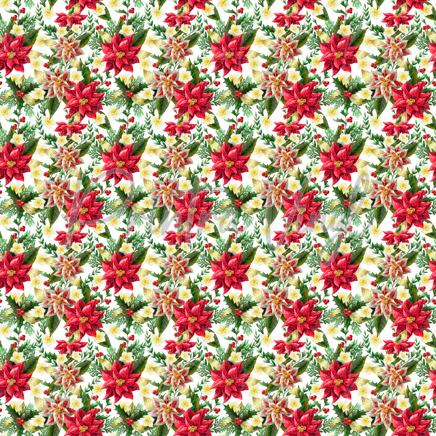 Christmas Cheer #05 patterned vinyl featuring vibrant red poinsettias, festive white Christmas flowers, holly berries, evergreen sprigs, and golden ribbon accents arranged in a lush watercolour-style holiday floral design.
