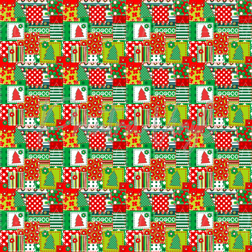 Christmas Cheer #07 patterned vinyl featuring a festive patchwork of Christmas tree blocks, gingham checks, polka dots, florals, stripes, and holiday quilting-inspired squares in bright red, green, white, and yellow tones.