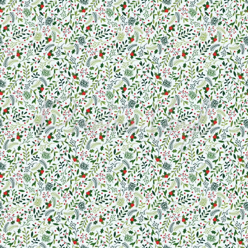 Christmas Cheer #08 patterned vinyl featuring delicate Christmas greenery with pine sprigs, eucalyptus leaves, holly branches, red berries, and festive botanical accents scattered across a crisp white background.