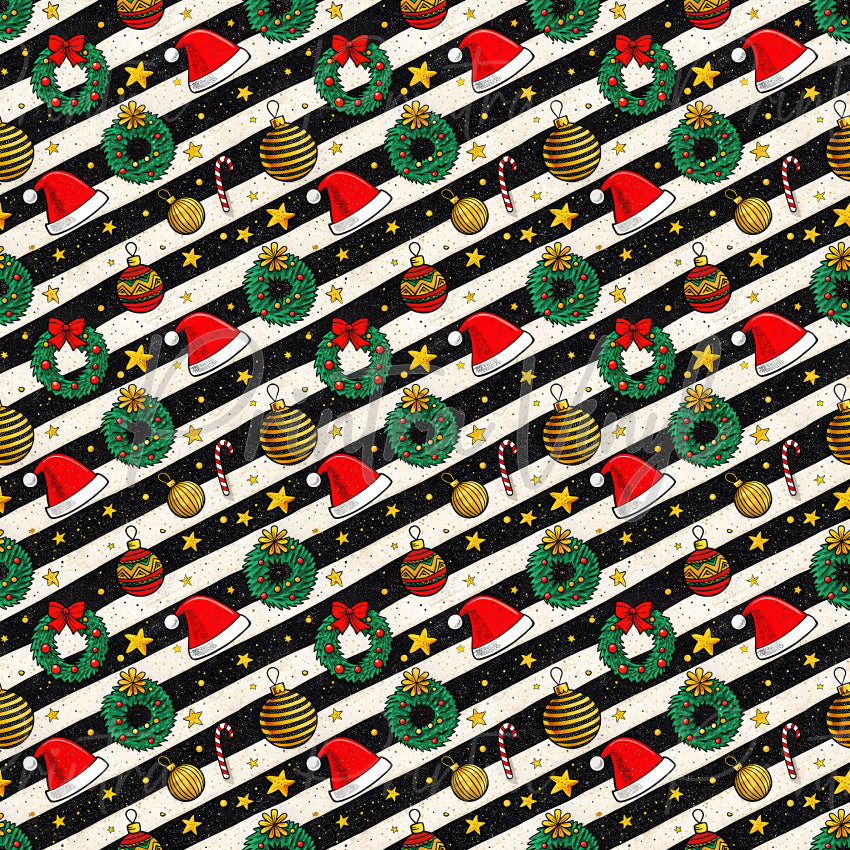 Christmas Cheer #09 patterned vinyl featuring festive Christmas wreaths, Santa hats, candy canes, striped baubles, decorative ornaments, and golden stars scattered across bold black and white diagonal stripes for a fun vintage-inspired holiday design.