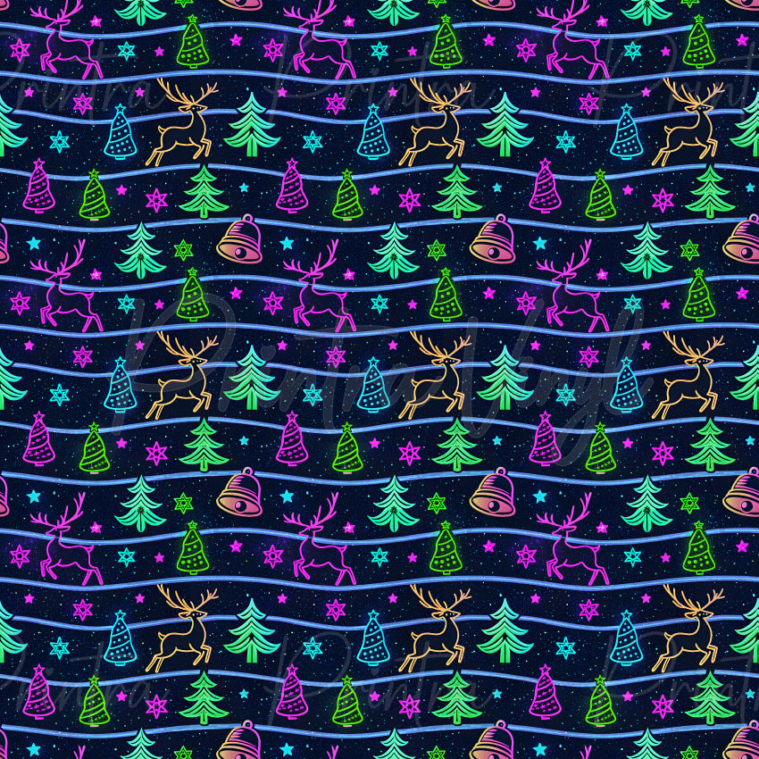 Christmas Cheer #10 patterned vinyl featuring neon-style Christmas icons including reindeer, Christmas trees, bells, stars, and festive decorations glowing in vibrant pink, green, blue, and gold colours against a dark starry background.