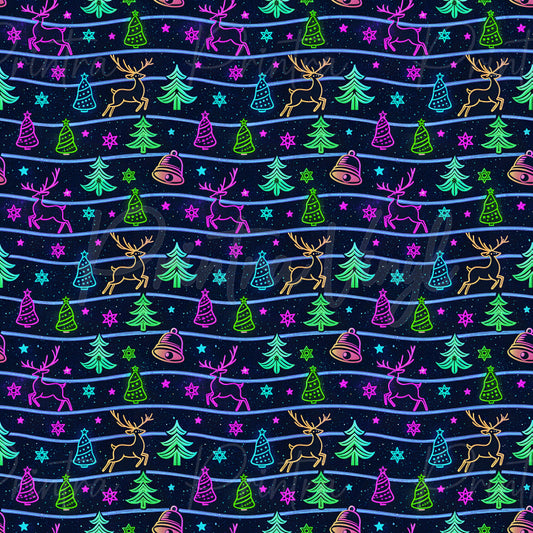 Christmas Cheer #10 patterned vinyl featuring neon-style Christmas icons including reindeer, Christmas trees, bells, stars, and festive decorations glowing in vibrant pink, green, blue, and gold colours against a dark starry background.