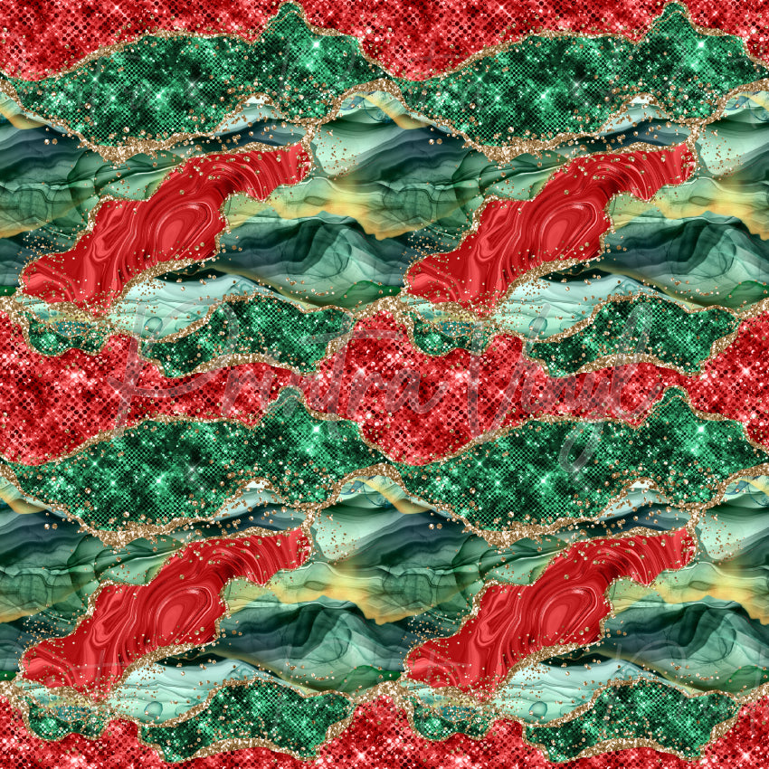 Christmas Jewel patterned vinyl featuring luxurious flowing agate-inspired layers in rich Christmas red, emerald, green, aqua, and mint tones, accented with sparkling gold glitter details and shimmering gemstone textures for an elegant festive design.
