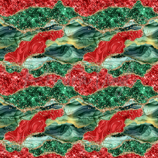 Christmas Jewel patterned vinyl featuring luxurious flowing agate-inspired layers in rich Christmas red, emerald, green, aqua, and mint tones, accented with sparkling gold glitter details and shimmering gemstone textures for an elegant festive design.