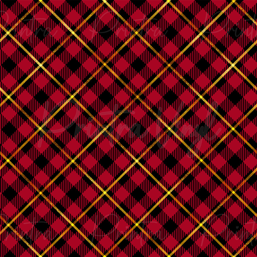 Christmas Plaid #05 patterned vinyl featuring a classic tartan-inspired plaid design with festive Christmas red and black checks, accented by shimmering gold glitter-look lines that create an elegant holiday lattice pattern.