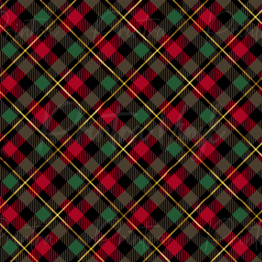 Christmas Plaid #06 patterned vinyl featuring a traditional tartan-inspired plaid design with festive red, green, brown, and black checks, accented by shimmering gold glitter-look lines that create an elegant holiday lattice pattern.