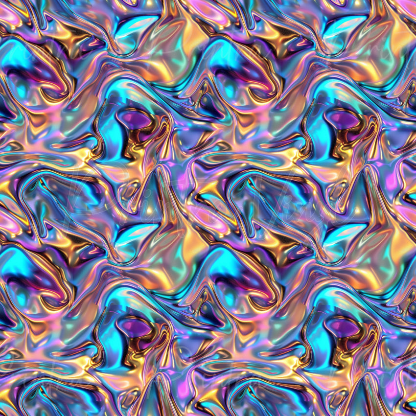 Chromatic Flow #01 patterned vinyl featuring fluid metallic swirls in turquoise, violet, pink, and gold, with a glossy liquid-chrome effect and vibrant iridescent highlights.