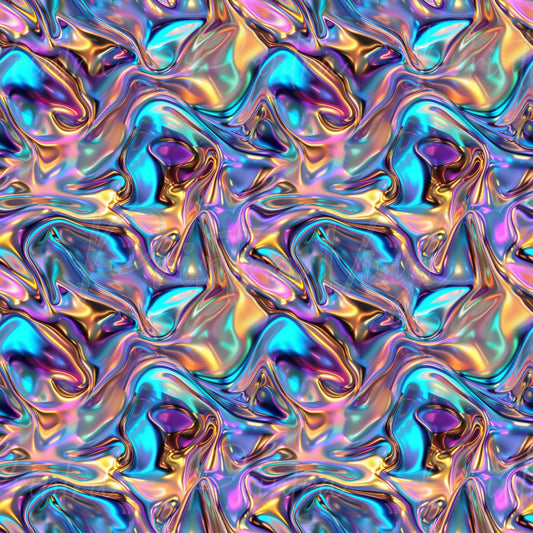 Chromatic Flow #01 patterned vinyl featuring fluid metallic swirls in turquoise, violet, pink, and gold, with a glossy liquid-chrome effect and vibrant iridescent highlights.