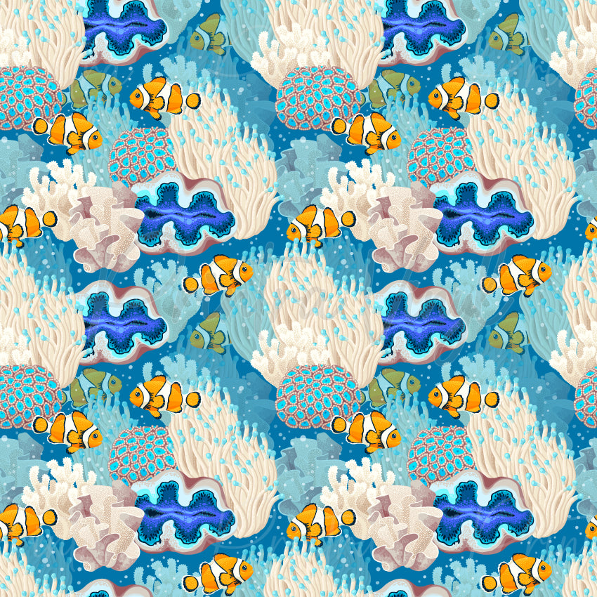 Clownfish Cove #01 patterned vinyl featuring vibrant orange clownfish swimming through a colourful coral reef filled with sea anemones, delicate corals, tropical fish, and striking blue giant clam shells on a rich ocean-blue background.
