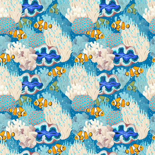 Clownfish Cove #01 patterned vinyl featuring vibrant orange clownfish swimming through a colourful coral reef filled with sea anemones, delicate corals, tropical fish, and striking blue giant clam shells on a rich ocean-blue background.