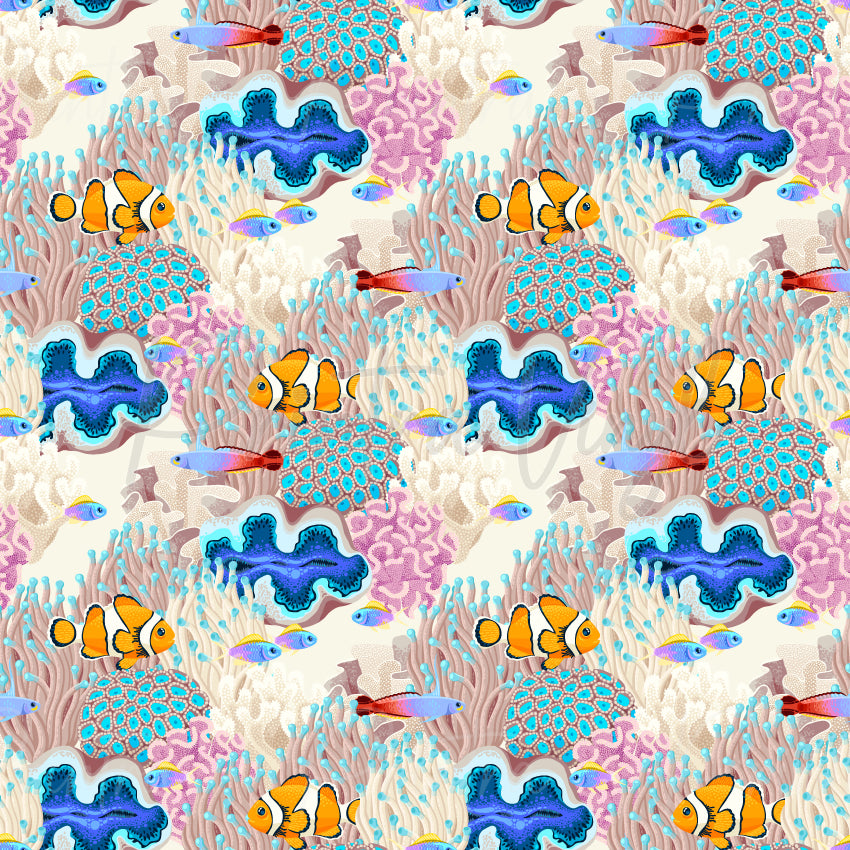 Clownfish Cove #02 patterned vinyl featuring vibrant orange clownfish swimming among colourful coral reefs, sea anemones, tropical fish, and blue giant clam shells in a bright underwater ocean scene.