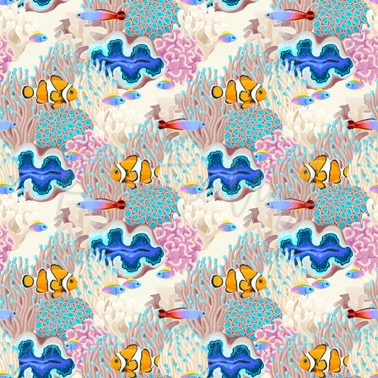 Clownfish Cove #02 patterned vinyl featuring vibrant orange clownfish swimming among colourful coral reefs, sea anemones, tropical fish, and blue giant clam shells in a bright underwater ocean scene.