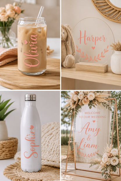 A four-panel collage showing personalized glassware and decor: an iced coffee in a clear mason-style jar with a straw, a clear acrylic sign reading Harper on a wooden shelf, a white insulated bottle with a silver cap and the name Sophie in Salmon Pink script, and a floral welcome sign with the names Amy & Liam in a gold frame.