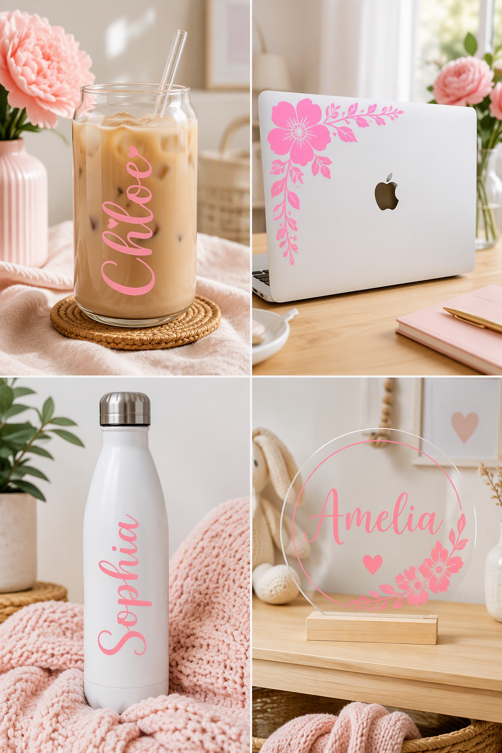 A 2x2 collage showing personalized pink text decals applied to different everyday items: a glass jar of iced coffee, a white laptop, a white water bottle, and a clear acrylic coaster on a wooden stand.
