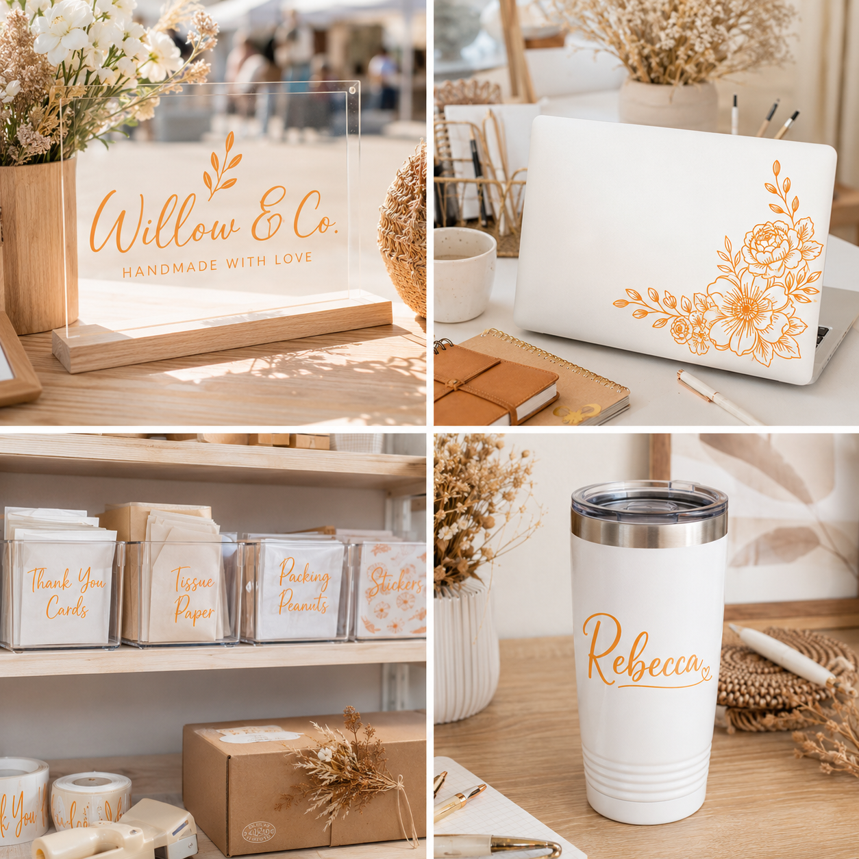 A four-panel collage showing personalized white stationery and drinkware products in a warm, styled home-office setting: a clear acrylic sign reading Willow & Co, a white laptop with light orange floral graphics, a white tumbler with the name Rebecca, and matching branded card boxes on shelves.