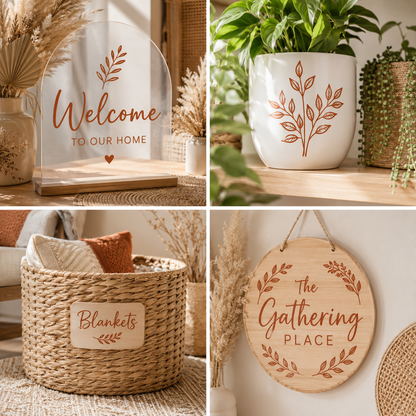 Collage of four items showcasing terracotta vinyl decals on a welcome sign, ceramic plant holder, blanket sign on a woven basket and an acrylic welcome sign.