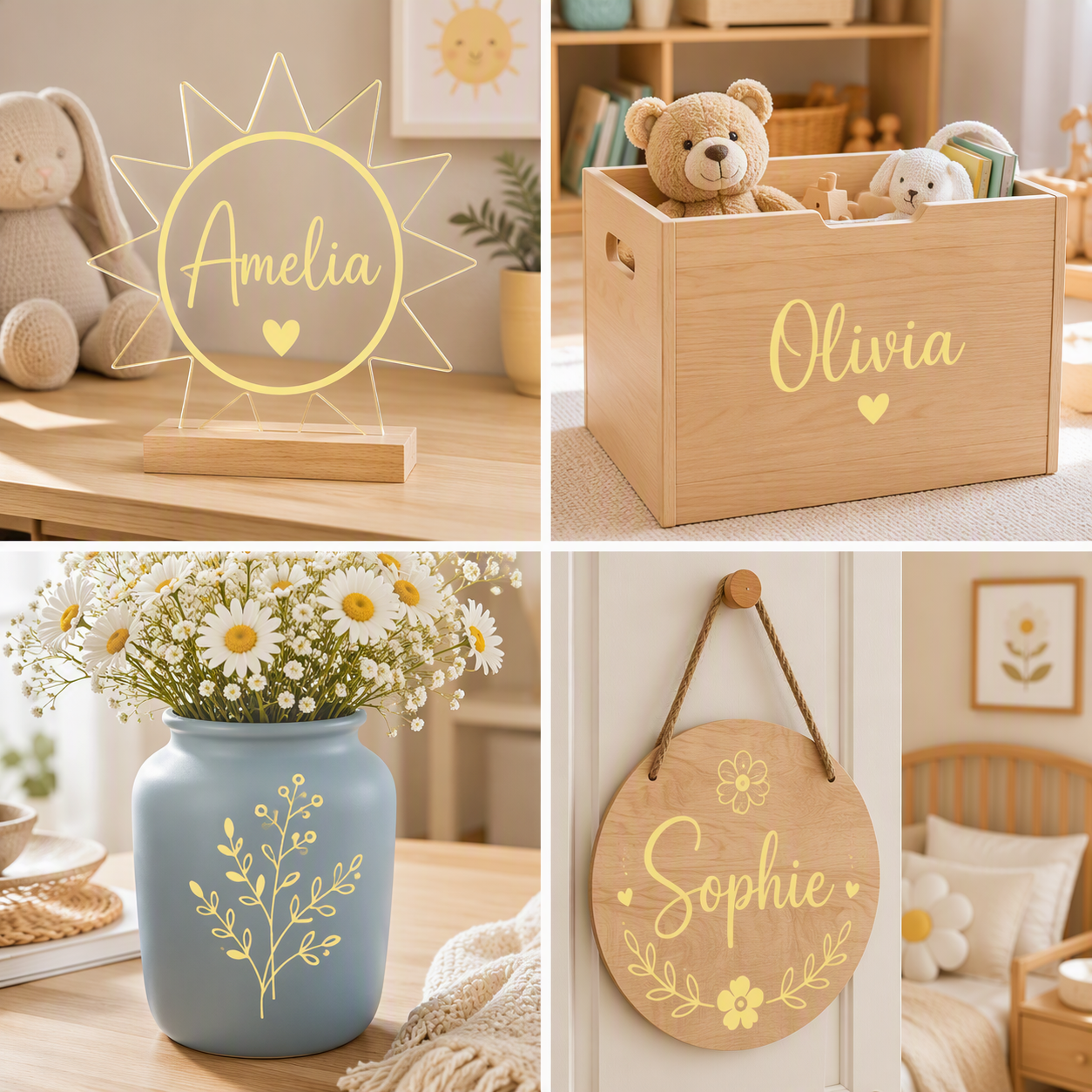 a collage of four items: Acrylic sun shaped sign with a pastel yellow name decal, a wooden to box with vinyl name decal, a matte blue vase with daisies and a pastel yellow floral decal on it, and a door sign hanging on a child's bedroom door.