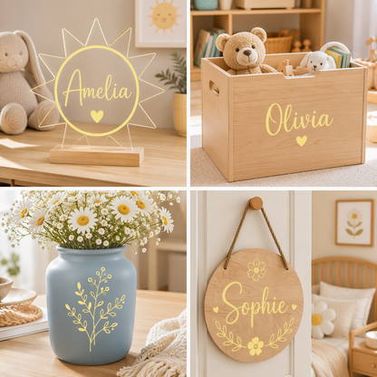 a collage of four items: Acrylic sun shaped sign with a pastel yellow name decal, a wooden to box with vinyl name decal, a matte blue vase with daisies and a pastel yellow floral decal on it, and a door sign hanging on a child's bedroom door.