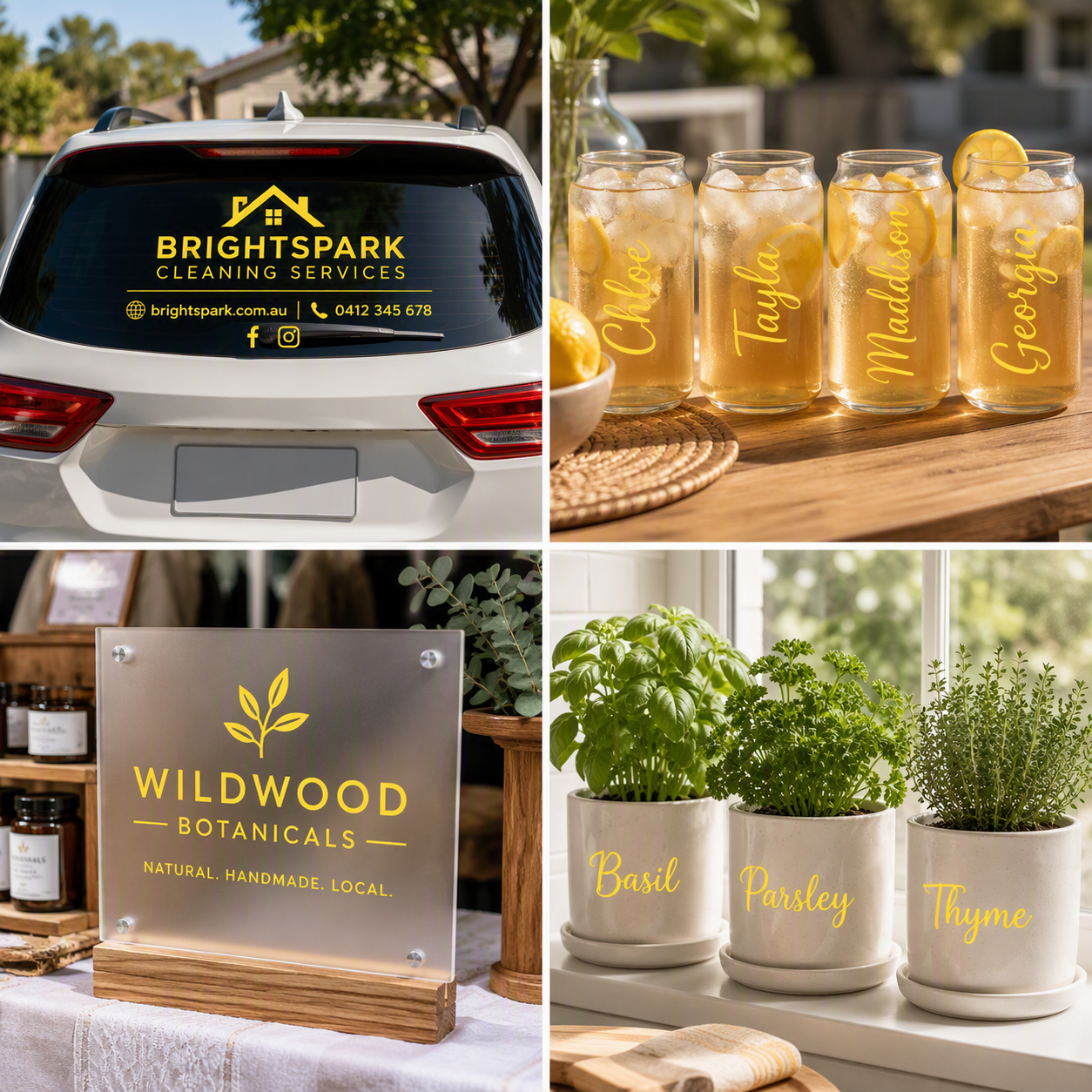A 2x2 collage showing customized printed branding and name graphics applied to different products: a car window decal, glass mason jars with lemonade, a acrylic sign on a wooden stand, and three potted herbs labeled Basil, Parsley, and Thyme.
