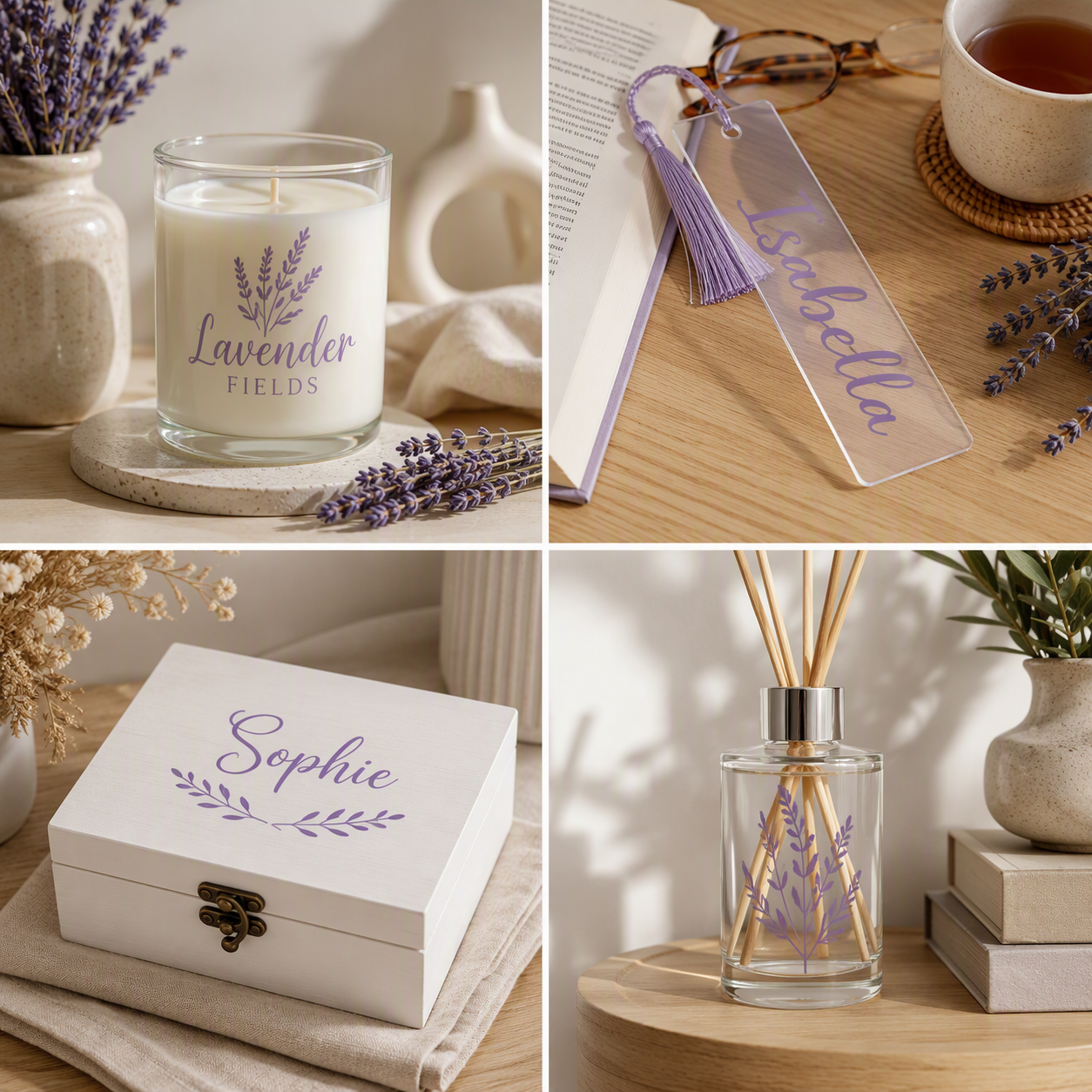 A four-panel collage showcasing personalized home fragrance and decor products: a lavender-themed candle in a glass jar, a clear personalized bookmark with a purple tassel, a white wooden box lid printed with 'Sophie' and lavender branches, and a reed diffuser bottle with lavender sprigs inside.
