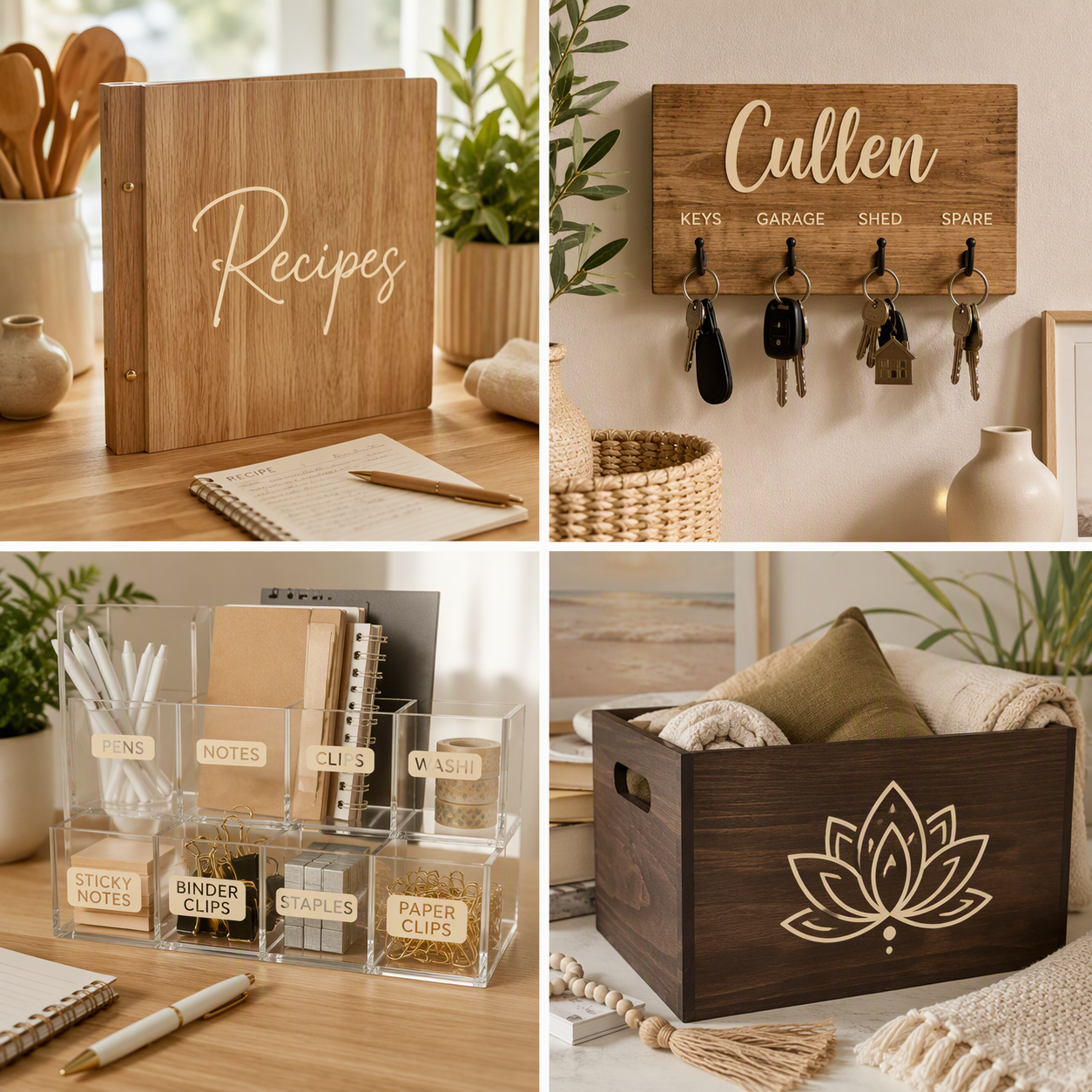 Beige gloss permanent adhesive vinyl colour showcase featuring a personalised timber recipe binder, timber house key organiser plaque with Cullen family name, clear acrylic desk organiser with beige labels, and dark timber storage box with a lotus flower decal. Four-panel home organisation collage demonstrating warm beige vinyl applications for storage, labelling, home décor and personalised projects.