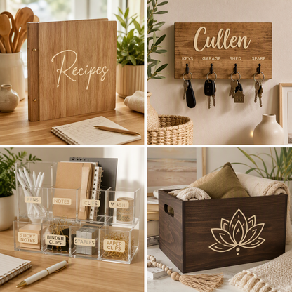Beige gloss permanent adhesive vinyl colour showcase featuring a personalised timber recipe binder, timber house key organiser plaque with Cullen family name, clear acrylic desk organiser with beige labels, and dark timber storage box with a lotus flower decal. Four-panel home organisation collage demonstrating warm beige vinyl applications for storage, labelling, home décor and personalised projects.
