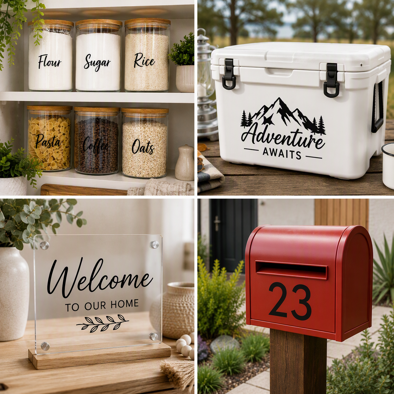 Black gloss permanent adhesive vinyl colour showcase featuring labelled pantry canisters, a white camping cooler with outdoor adventure decal, an acrylic welcome sign and a red letterbox displaying black house number 23. Four-panel lifestyle collage demonstrating permanent vinyl applications for home organisation, camping accessories, home décor and address signage.