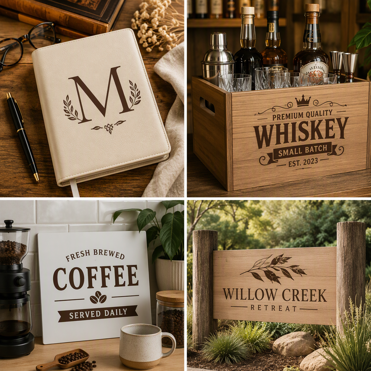 Brown gloss permanent adhesive vinyl colour showcase featuring a personalised cream leather-look journal, timber whiskey bar crate, coffee station sign and Australian-inspired timber property sign. Four-panel rustic luxury collage demonstrating permanent vinyl applications for personalised gifts, home entertaining, café décor and outdoor signage.