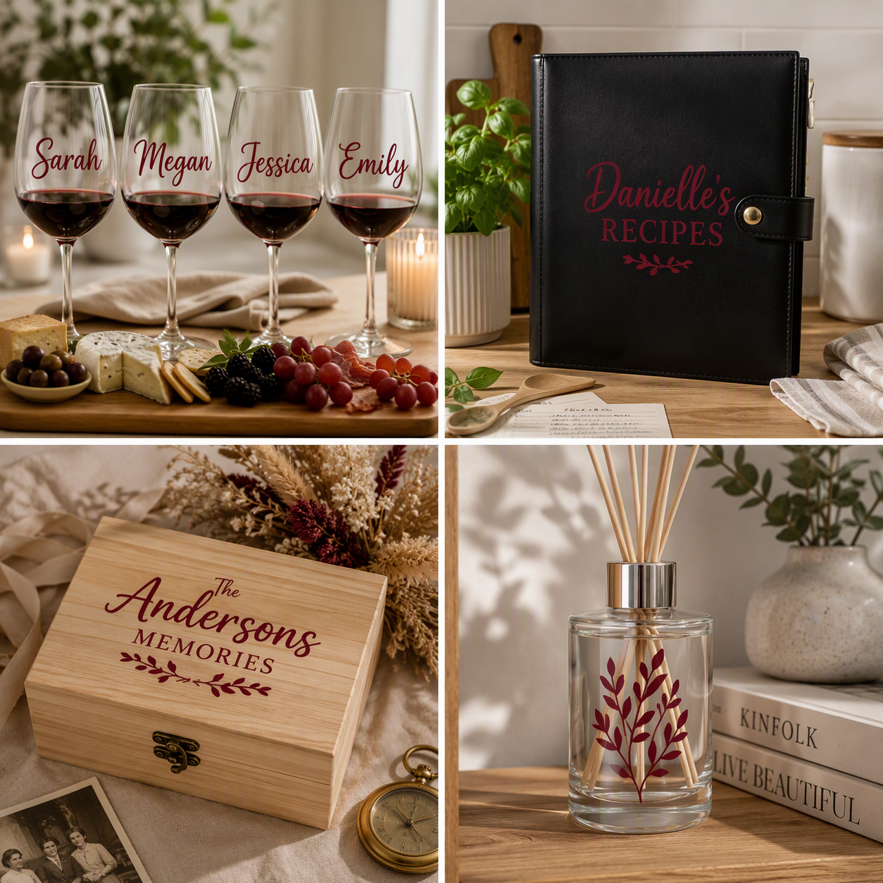 A four-panel collage showing personalized home and dining items with burgundy permanent vinyl: four wine glasses with names, a black recipe binder with red script text, a wooden keepsake box with 'The Andersons MEMORIES,' and a clear glass reed diffuser with a botanical decal and wooden sticks.