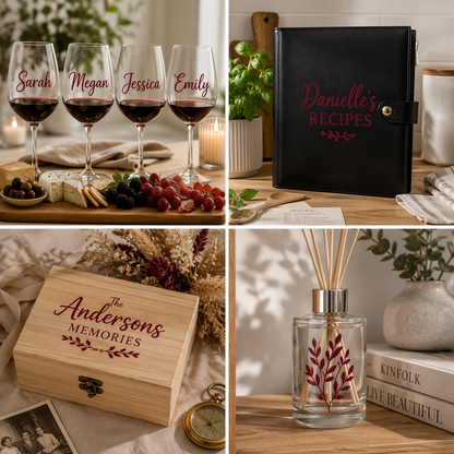 A four-panel collage showing personalized home and dining items with burgundy permanent vinyl: four wine glasses with names, a black recipe binder with red script text, a wooden keepsake box with 'The Andersons MEMORIES,' and a clear glass reed diffuser with a botanical decal and wooden sticks.