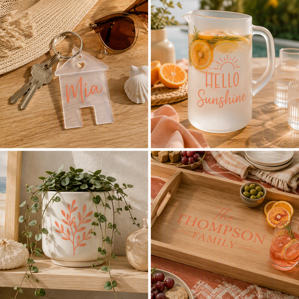 A four-panel collage showing personalized home decor and drinkware with Coral Peach permanent vinyl: a clear house-shaped keychain with the name 'Mia' on keys, a frosted pitcher with 'HELLO Sunshine' printed on it, a white planter with coral leaf artwork holding a trailing green plant, and a wooden tray engraved with 'The THOMPSON FAMILY' with drinks and fruit.