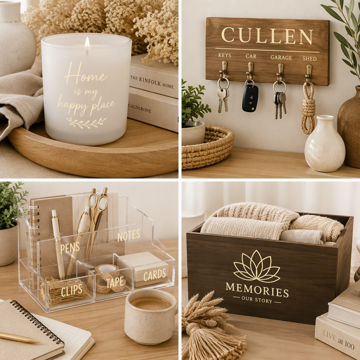 Cream gloss vinyl decals on a candle jar, key organiser, acrylic desk organiser and decorative storage box showcasing elegant neutral home décor and organisation applications.