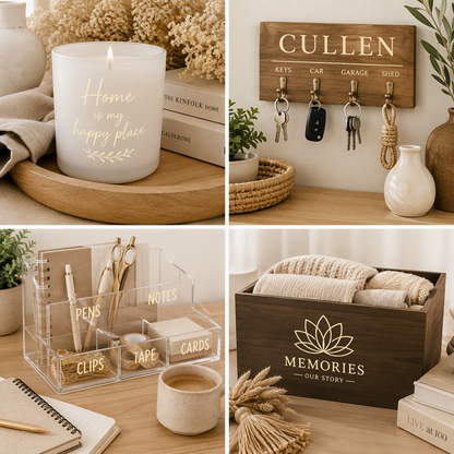 Cream gloss vinyl decals on a candle jar, key organiser, acrylic desk organiser and decorative storage box showcasing elegant neutral home décor and organisation applications.