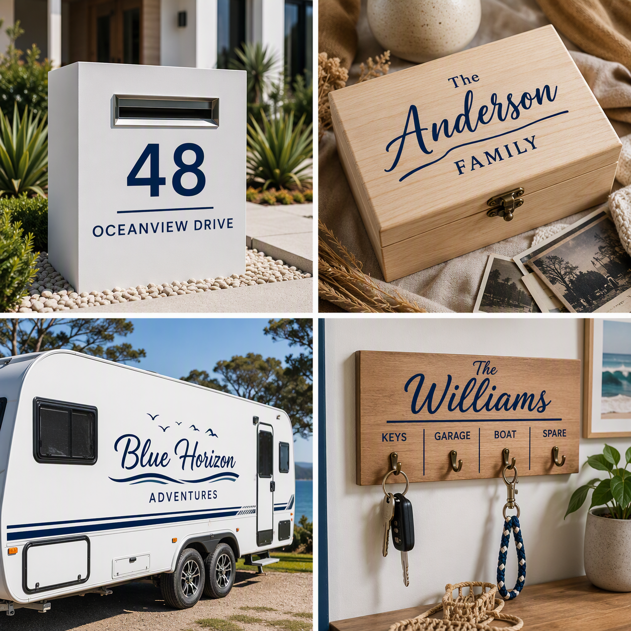 Four-panel collage displaying Dark Blue gloss permanent adhesive vinyl in real-world applications. Top left shows a modern white mailbox with dark blue house numbers and address lettering. Top right features a timber keepsake box personalised with a dark blue family name decal. Bottom left displays a white caravan with dark blue branding and travel-themed graphics. Bottom right shows a wooden house key organiser plaque with dark blue family name lettering and labelled key hooks. Premium lifestyle photograph