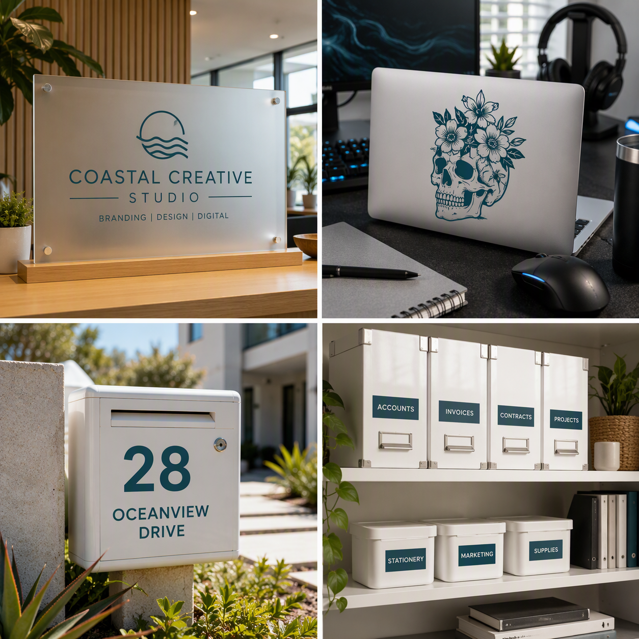 A four-panel collage showing branded mock-up scenes with Dark Lagoon permanent vinyl decals: a frosted acrylic sign reading COASTAL CREATIVE STUDIO on a desk, a closed laptop with a teal floral skull graphic on a desk, a mailbox labelled 28 OCEANVIEW DRIVE, and white storage boxes with teal labels on shelves.