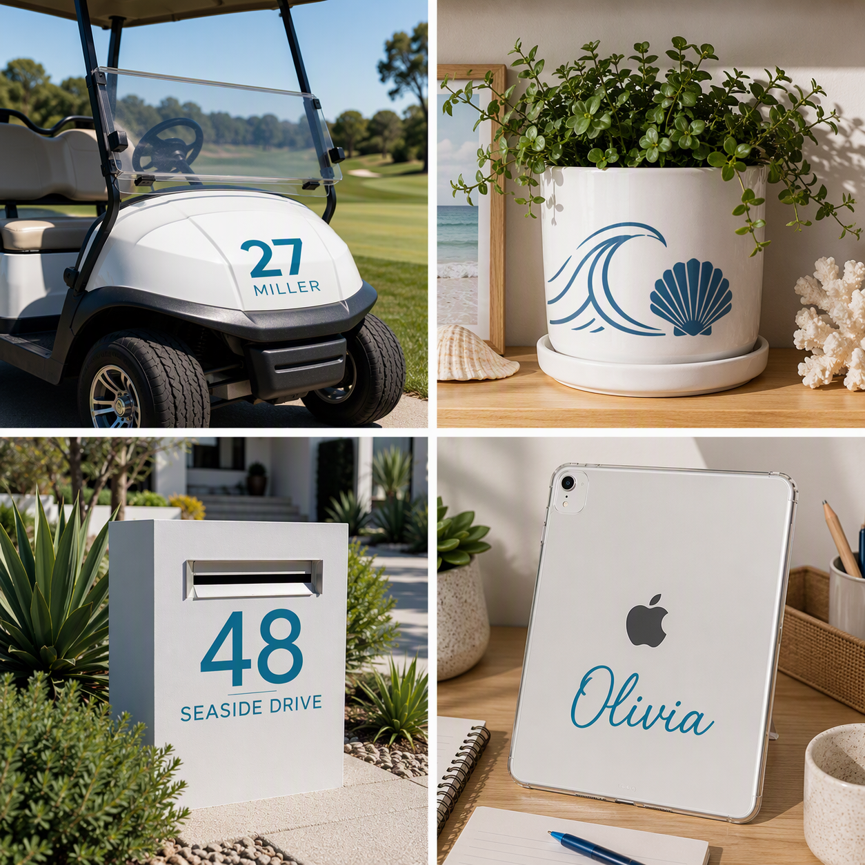 A four-panel collage showing customized home and vehicle accessories with Gentian Blue permanent vinyl decals: a white golf cart with '27 MILLER' on the side, a white planter with a blue wave and shell design, a white mailbox with '48 SEASIDE DRIVE', and a white tablet case with a black Apple logo and blue 'Olivia' script.