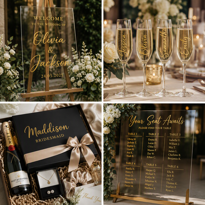 A four-panel collage showing personalized wedding stationery and gift items with gold permanent vinyl: a clear acrylic name sign on an easel, four champagne flutes with gold script names, a black gift box with gold lettering reading 'Maddison Bridesmaid' and a satin bow, and a dark seating chart with gold text.