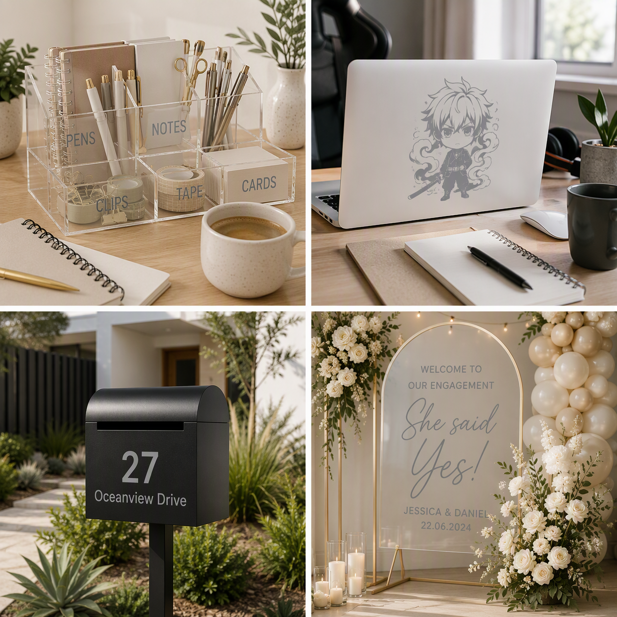 Grey gloss permanent adhesive vinyl colour showcase featuring acrylic desk organiser labels, anime laptop decal, modern black mailbox numbers and an acrylic engagement party backdrop sign. Four-panel collage demonstrating permanent vinyl applications for organisation, personalisation, home signage and event styling.