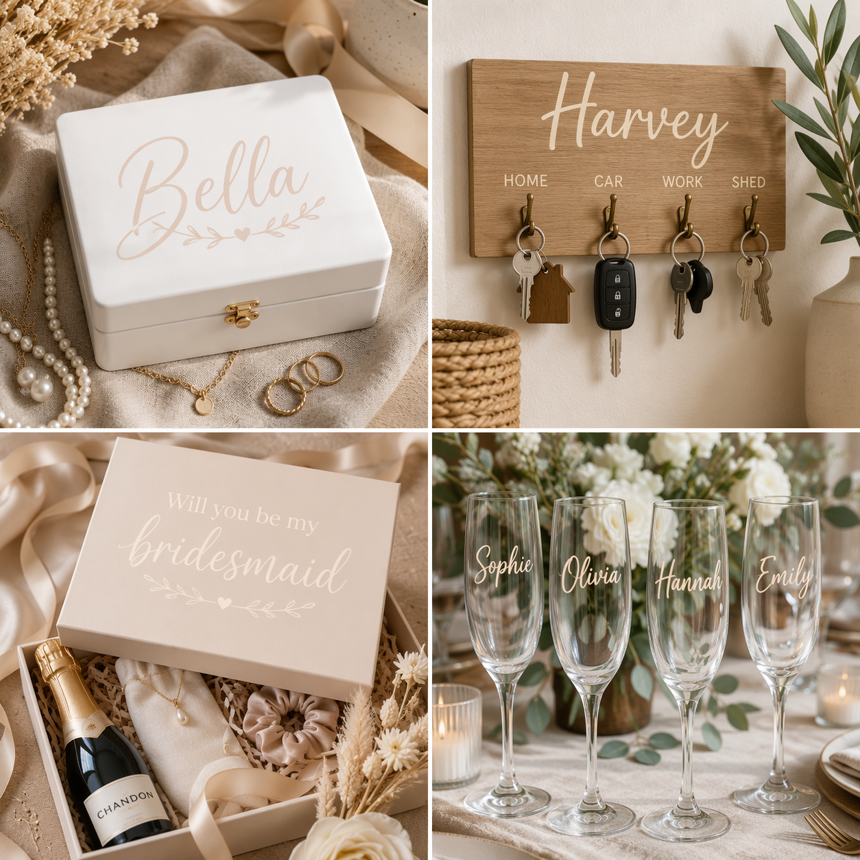 Ivory gloss permanent adhesive vinyl colour showcase featuring a personalised white jewellery box, timber house key organiser plaque, bridesmaid proposal gift box and engraved-style champagne flute name decals. Four-panel luxury lifestyle collage demonstrating warm ivory vinyl applications for weddings, personalised gifts, home décor and boutique projects.