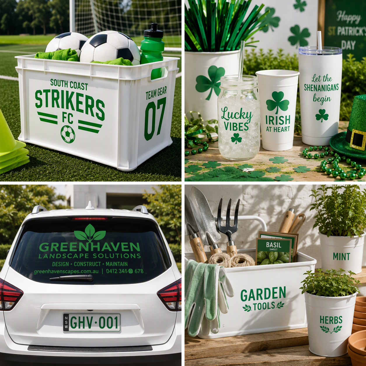 Kelly Green gloss permanent adhesive vinyl colour showcase featuring a sports equipment crate with team decals, St Patrick’s Day themed drinkware, business vehicle branding on a white SUV, and garden tool storage organisers with Kelly Green labels. Four-panel collage demonstrating permanent vinyl applications for sports teams, event décor, business branding and home organisation.