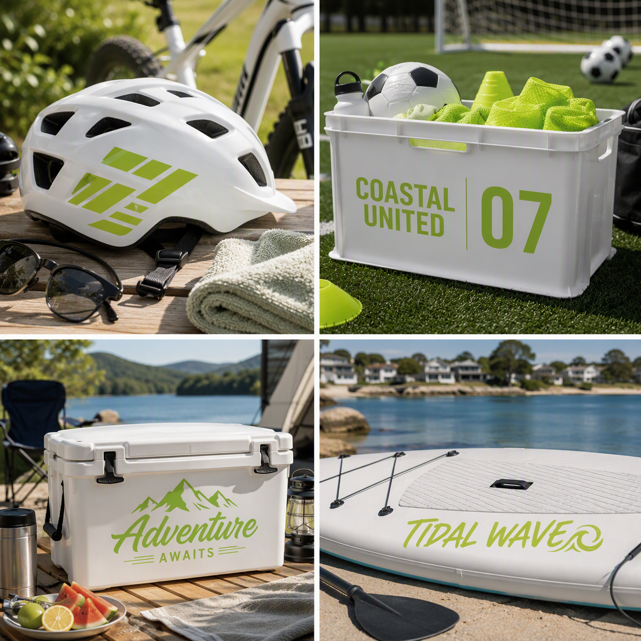 Lime gloss permanent adhesive vinyl colour showcase featuring a white bicycle helmet with geometric decal, sports equipment storage crate with team name graphics, camping cooler box with adventure decal and white paddleboard with personalised name lettering. Four-panel lifestyle collage demonstrating bright lime green vinyl applications for sports, outdoor recreation, adventure travel and personalisation projects.