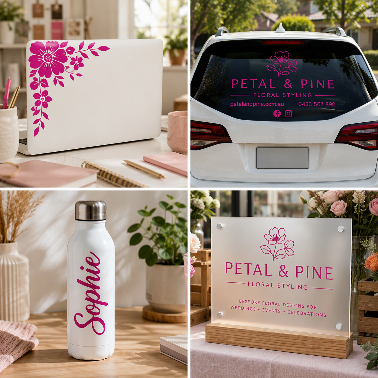 A four-panel collage showing floral styling branding applied to different products using Magenta permanent vinyl: a white laptop with a large pink floral decal, a white SUV rear window with 'PETAL & PINE FLORAL STYLING' text, a white insulated bottle printed with 'Sophie' in pink script, and a custom printed sign on a wooden base for Petal & Pine Floral Styling.